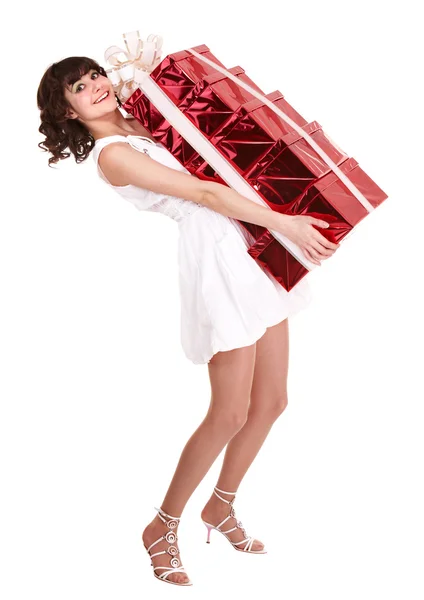 Jeune femme tenant pile boîte cadeau . — Photo