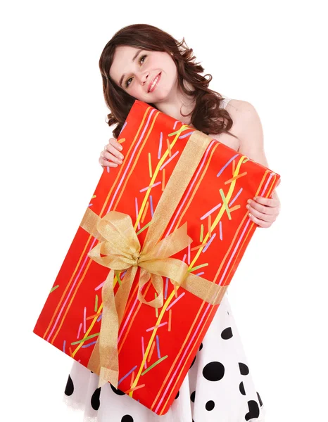 Menina com grande caixa de presente vermelho . — Fotografia de Stock