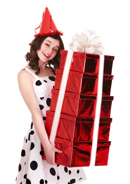 Mooi meisje met groep doos van de gift. — Stockfoto