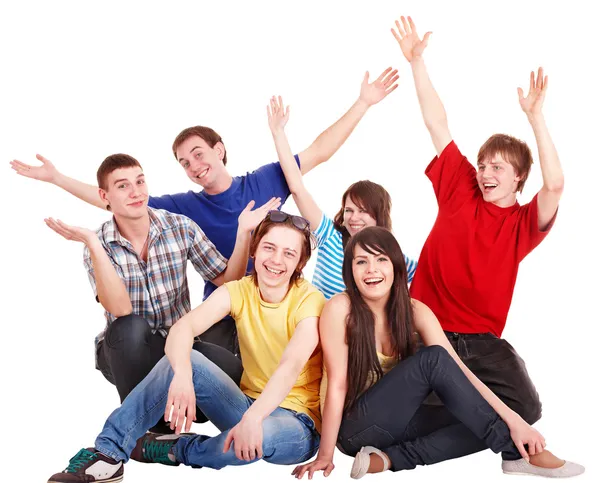 Grupp glada unga med hand upp. — Stockfoto