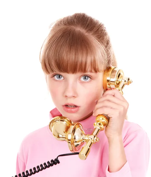 Girl with gold retro telephone. — Stock Photo, Image
