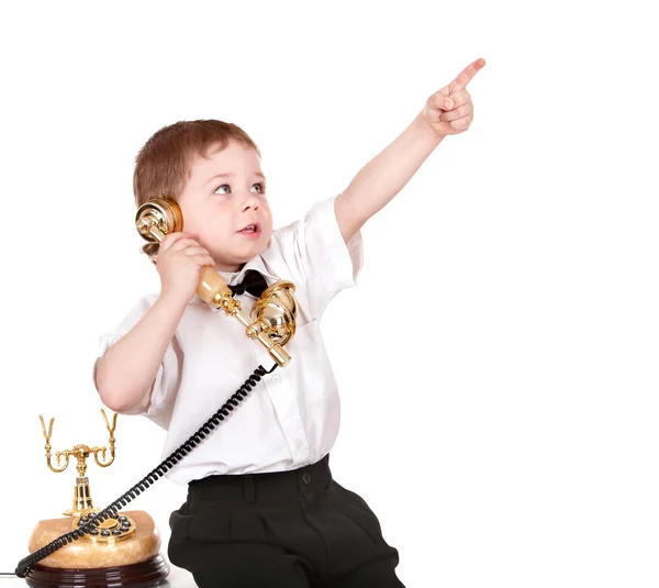 Niño en traje de negocios con teléfono . — Foto de Stock