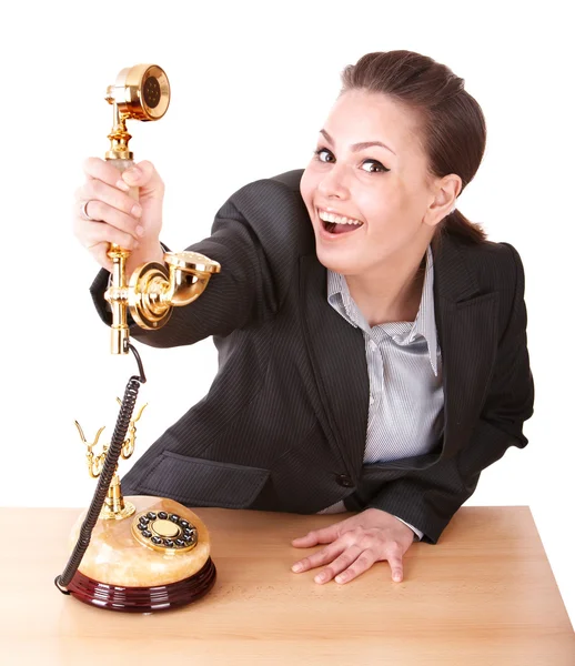 Happy businesswoman with golden phone. — Stock Photo, Image