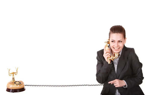 Щаслива бізнес-леді з золотим телефоном . — стокове фото