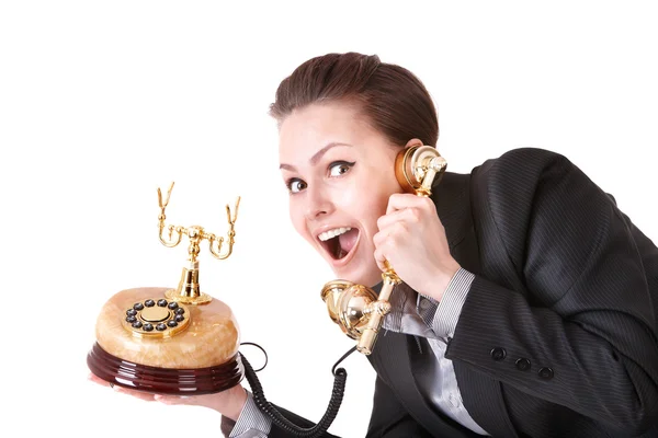 Glückliche Geschäftsfrau mit goldenem Telefon. — Stockfoto