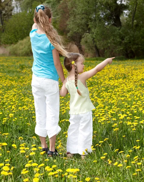 Children in field with flower. — Stock Photo, Image