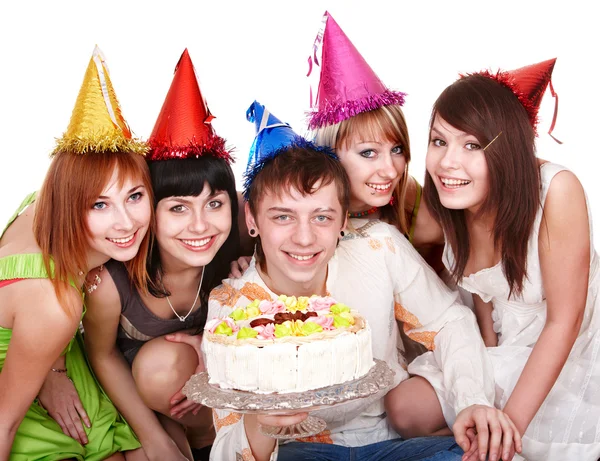 Happy group of with cake. Royalty Free Stock Images