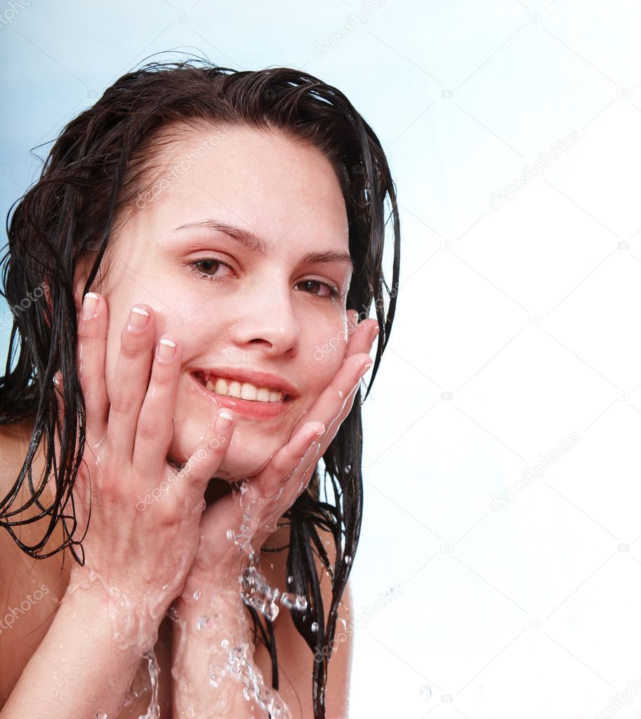 Happy wet beautiful girl wash.