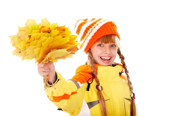 Girl in autumn orange hat with maple leaf group. — Stock Photo, Image