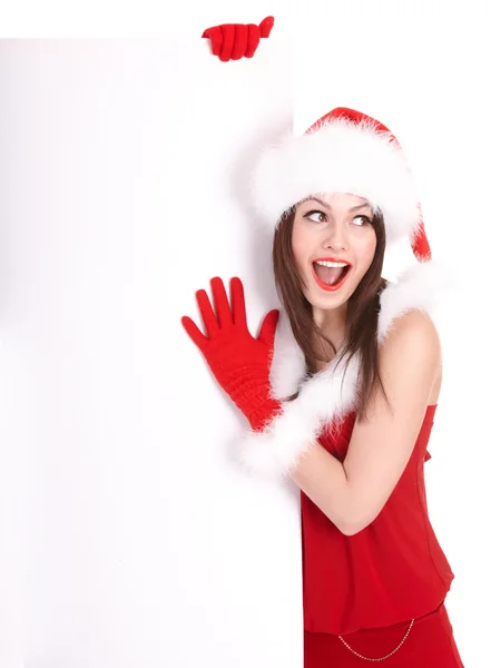 Vánoční dívka v santa hat s transparentem. — Stock fotografie