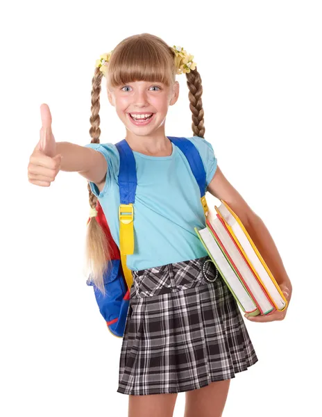 Colegiala con mochila sosteniendo libros y mostrando el pulgar hacia arriba . — Foto de Stock