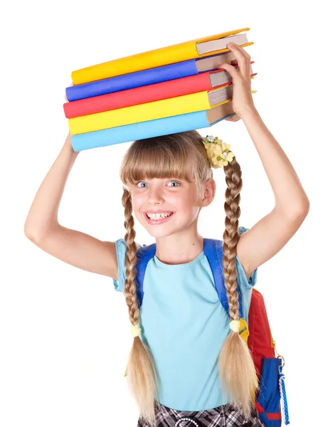 Skolflicka med ryggsäck hålla böcker. — Stockfoto