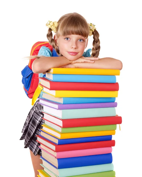Schoolmeisje bedrijf stapel boeken. — Stockfoto