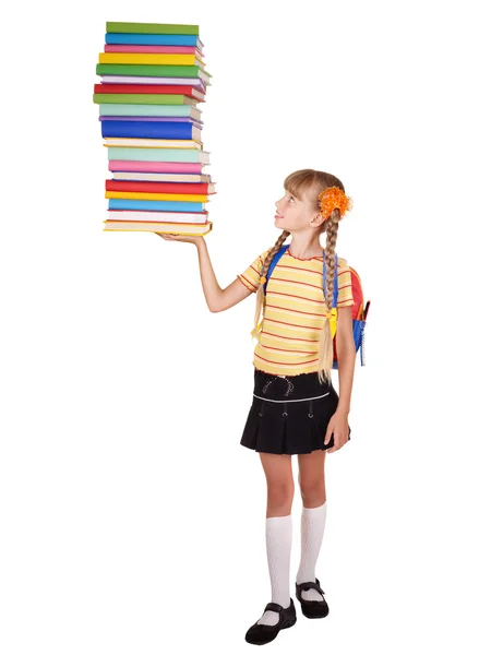 Schülerin mit Rucksack hält Bücherstapel in der Hand. — Stockfoto