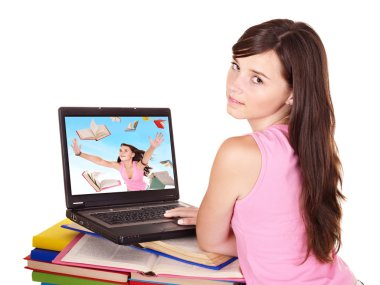 Girl with open laptop and book. clipart