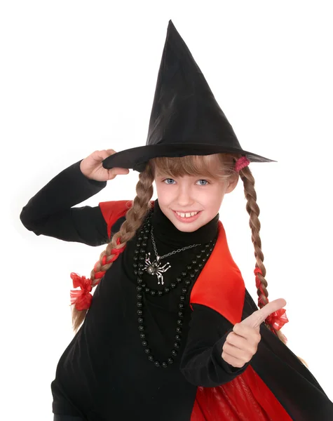 Kinderhexe im schwarzen Kostüm mit Daumen. — Stockfoto