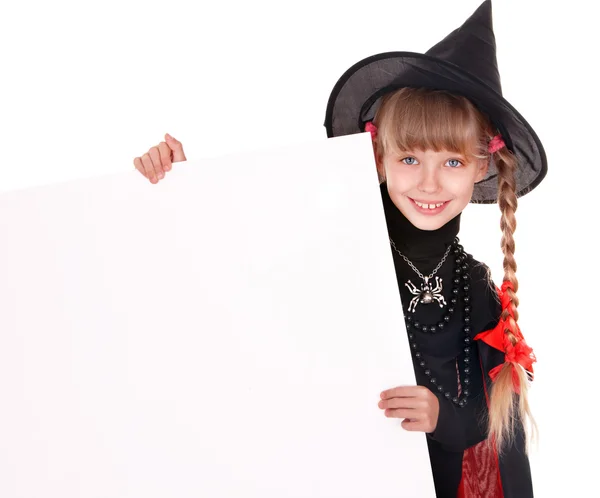 Criança bruxa segurando banner e polegar para cima . — Fotografia de Stock
