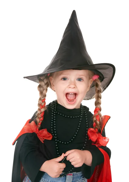Dítě čarodějnice v černém kostýmu. — Stock fotografie