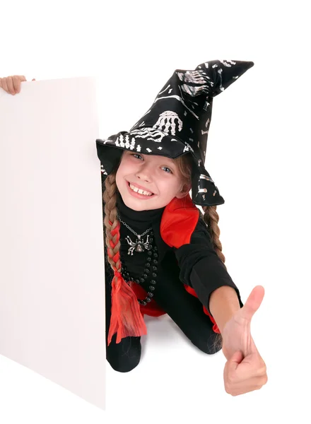 Child witch holding banner and thumb up. — Stock Photo, Image