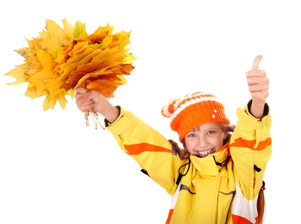 Girl in autumn orange hat with leaf group thumb up. — Stock Photo, Image