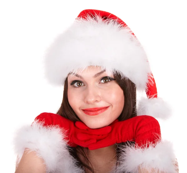 Χριστούγεννα κορίτσι στην το καπέλο santa με χέρι. — Φωτογραφία Αρχείου