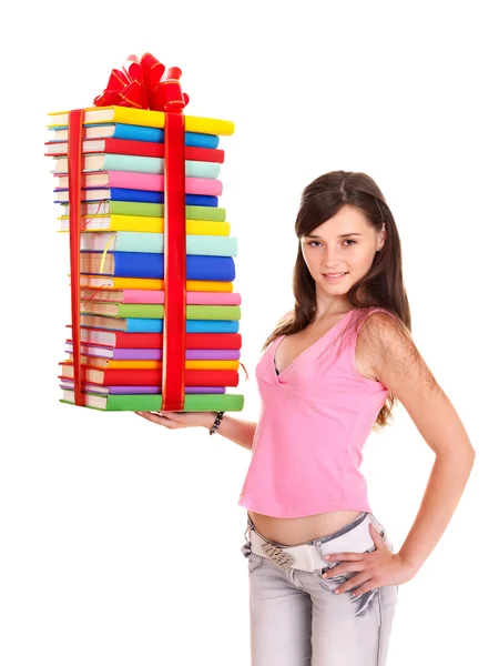 Menina segurando pilha de livro . — Fotografia de Stock