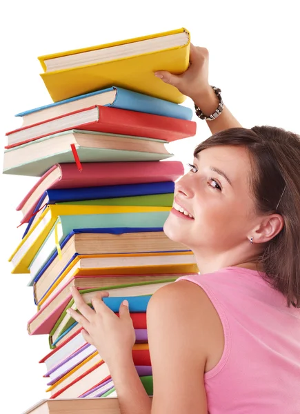 Dziewczyna z kolorowych kupie książki. — Zdjęcie stockowe