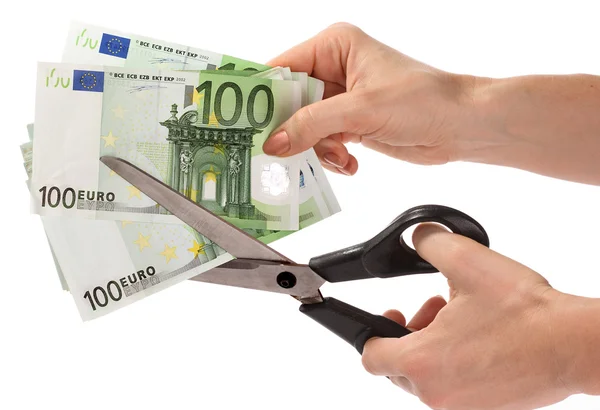 Euro-bankjegy vágott ollóval. — Stock Fotó