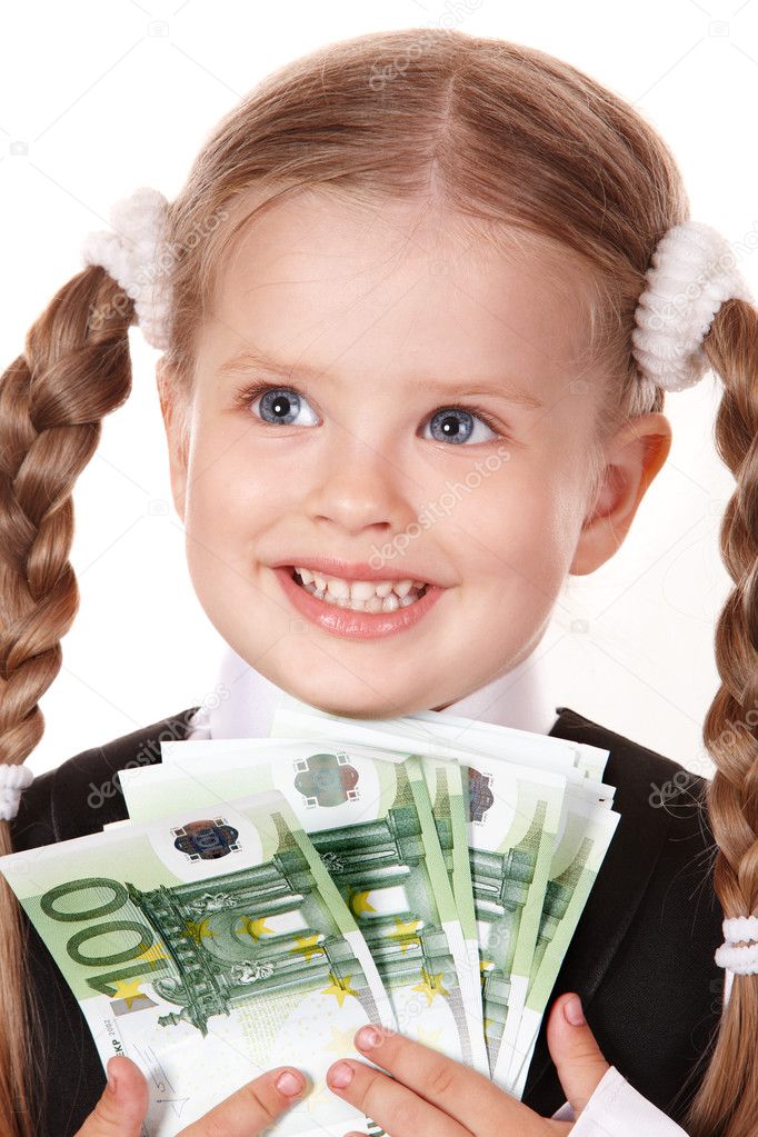 Happy little girl with money euro.
