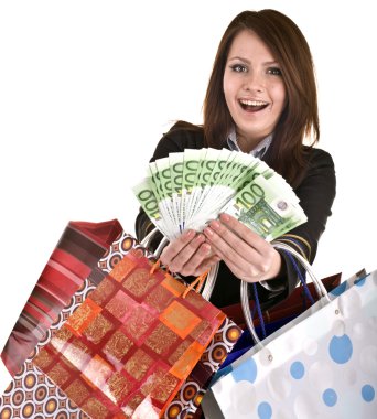 Business woman with money, gift, box, bag. clipart