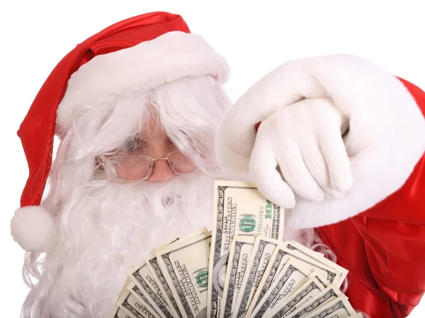 Śnięty Mikołaj trzymając pieniądze Dolar. — Zdjęcie stockowe