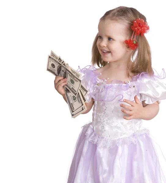 Dítě drží peníze dolar bankovek. — Stock fotografie