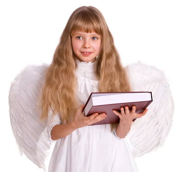 Dívka v kostýmu anděl s knihou. — Stock fotografie