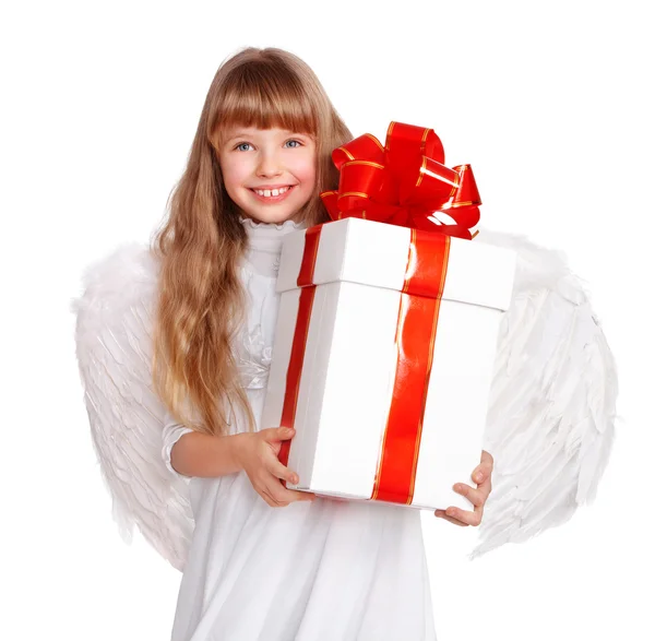 Girl in angel costume with gift box. — Stock Photo, Image