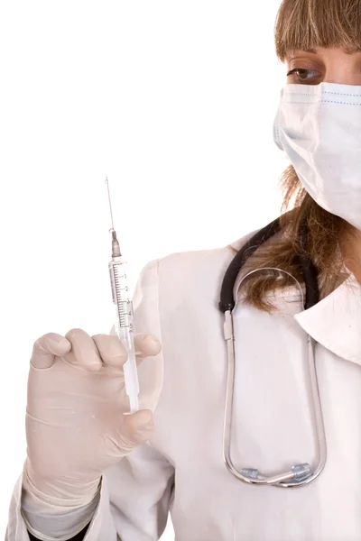 Médico com seringa e estetoscópio. Vacinação . — Fotografia de Stock