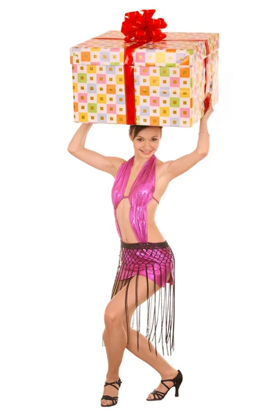 Woman with gift box on head. — Stock Photo, Image