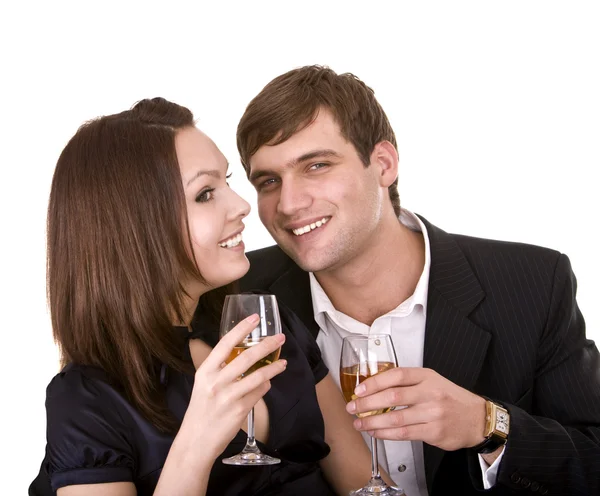 Couple of girl and man kiss and drink wine. — Zdjęcie stockowe