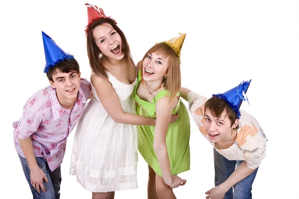 Grupa w kapelusz strony świętować urodziny. — Zdjęcie stockowe