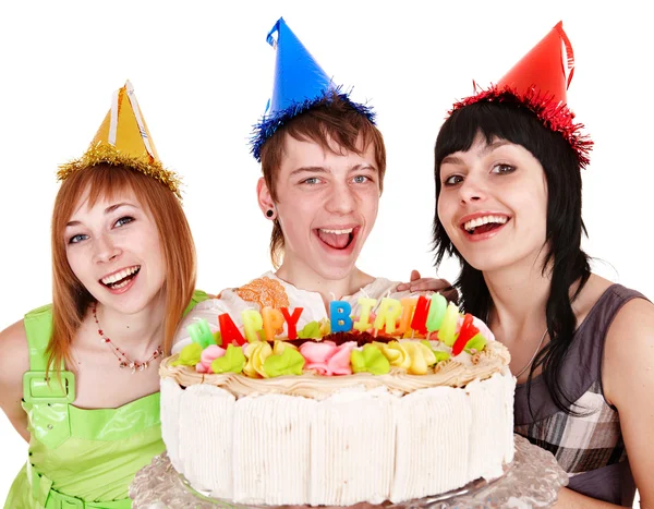 Csoport party kalap, sütemény ünnepelni boldog születésnapot. — Stock Fotó