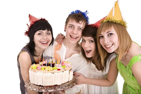 Grupo de com bolo celebram o aniversário feliz . — Fotografia de Stock