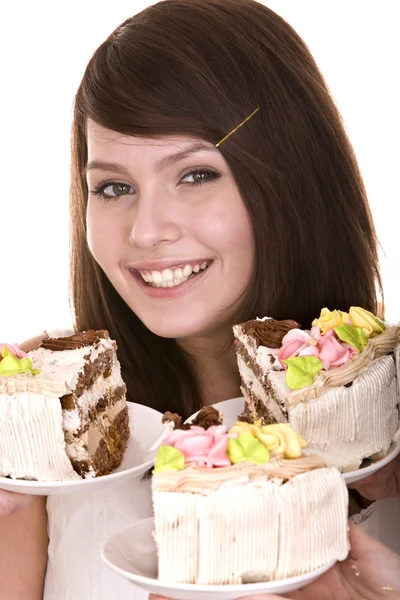 Dziewczyna wybrać ciasto czekoladowe. — Zdjęcie stockowe
