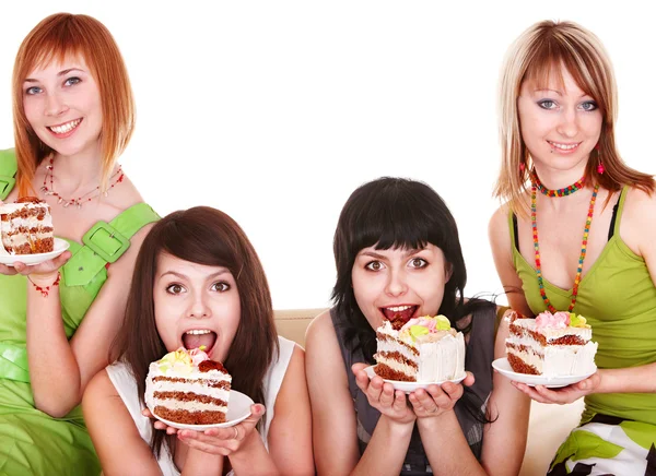 Group girl eating chocolate cake. — Stock Photo, Image