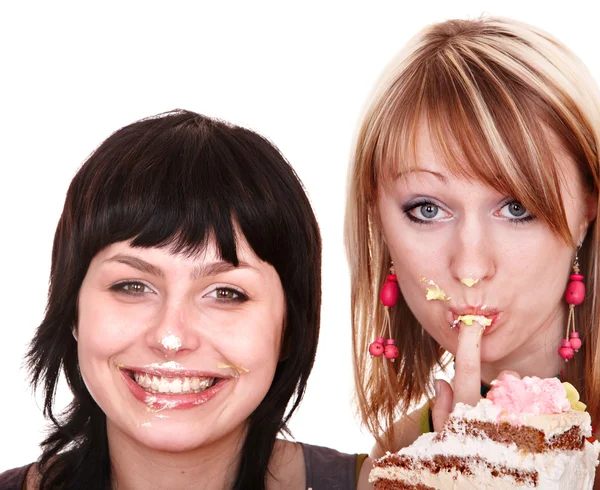 Group girl eating chocolate cake. — Stock Photo, Image