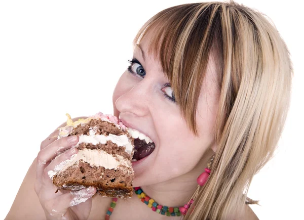 조각 케이크를 먹는 여자. — 스톡 사진