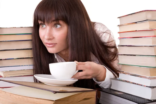 Chica con apilar libro y taza . — Foto de Stock
