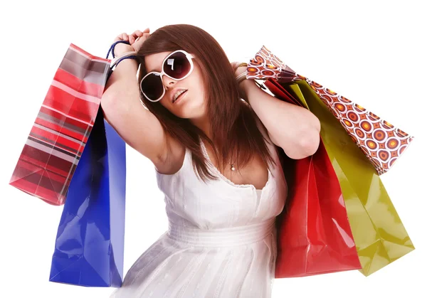 Dziewczyna w okularach białego z torbą na zakupy. — Zdjęcie stockowe