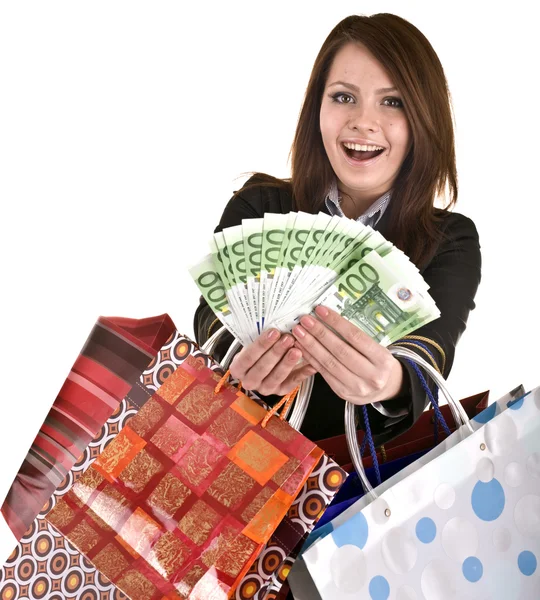 Femme d'affaires avec argent, cadeau, boîte, sac . — Photo