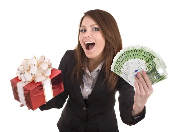 Obchodní žena s penězi a dárkový box. — Stock fotografie