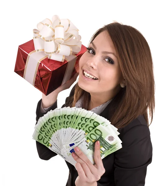 Girl in business suit with money, red gift box. — Stock Photo, Image