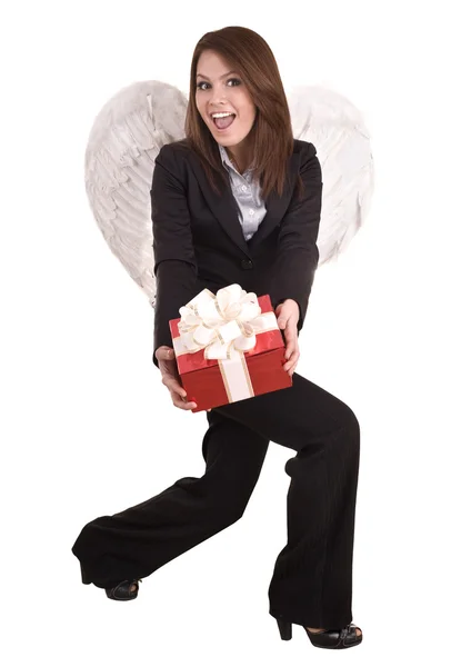 Business woman angel with christmas red box. — Stock Photo, Image
